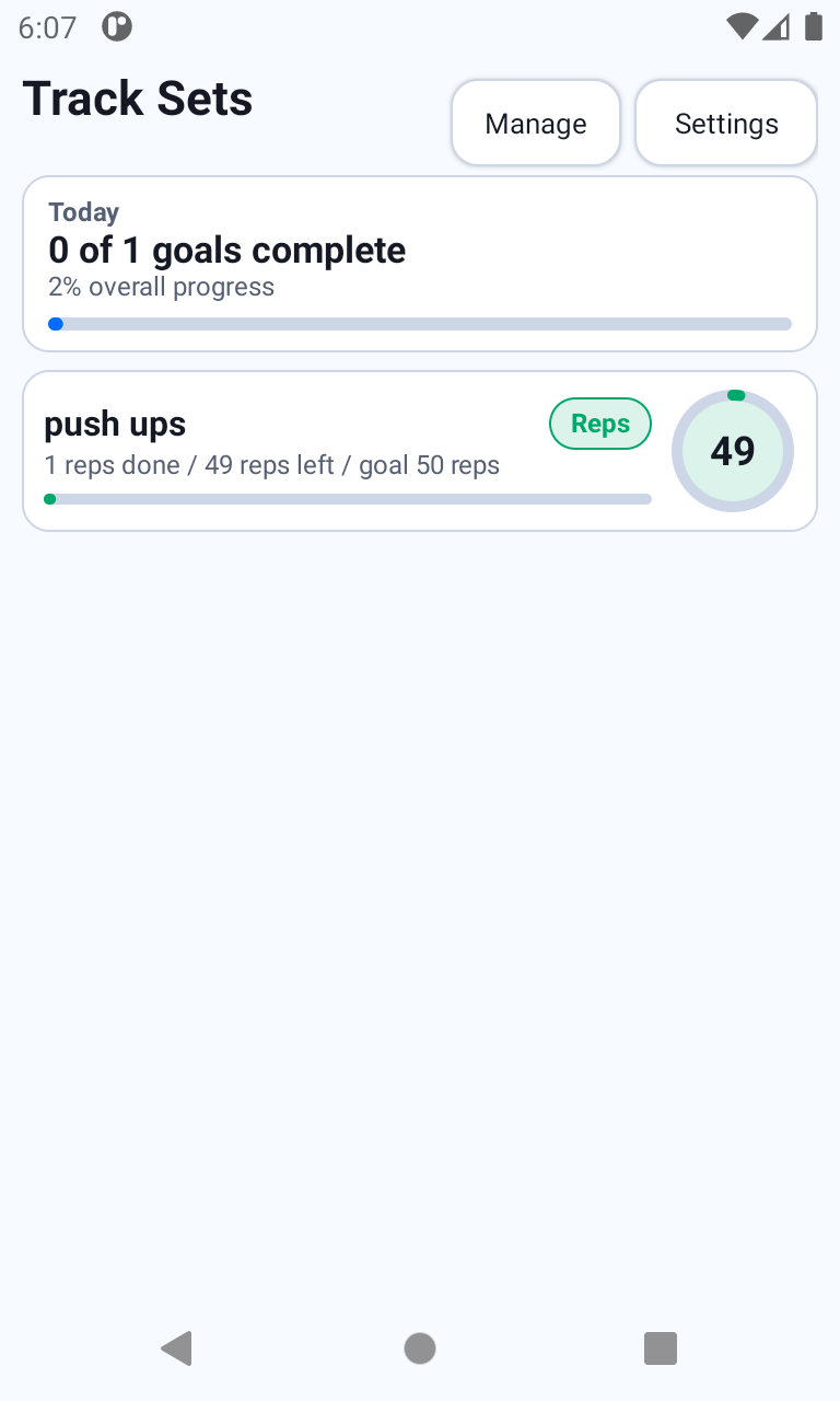 Track Sets main screen showing today's progress and a push ups goal.