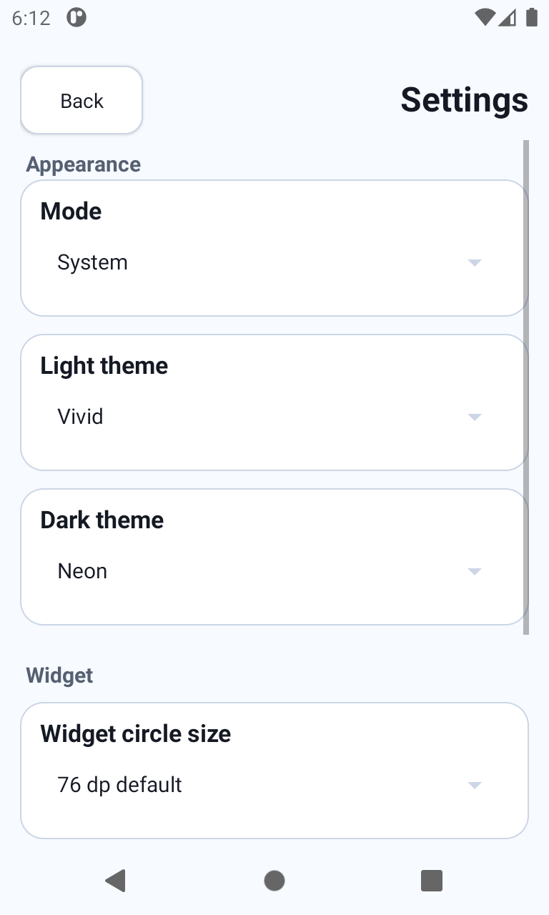 Track Sets settings screen with appearance and widget controls.